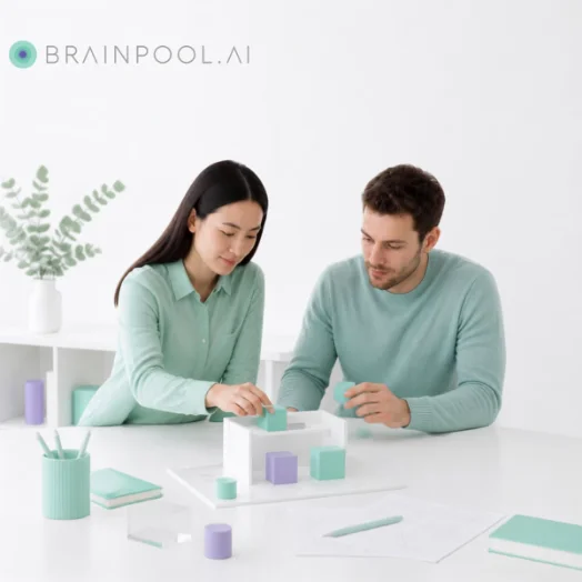 Two colleagues at a white desk assembling a small model from teal and violet blocks