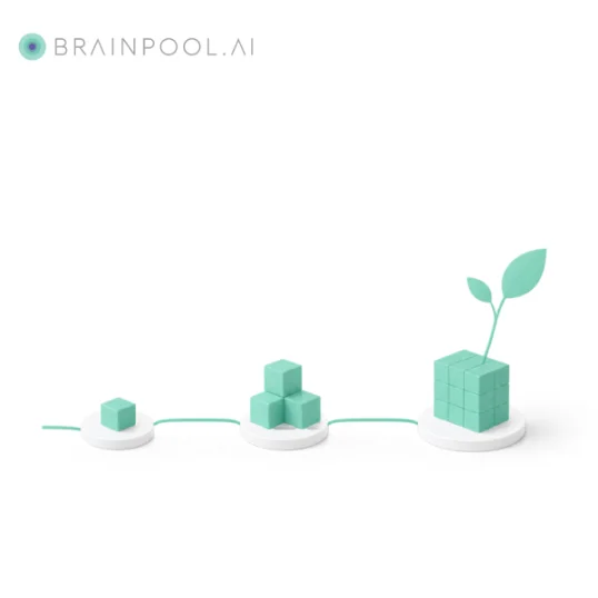Three teal block clusters connected along a line, growing from a single cube to a larger cube with a leaf sprouting from it