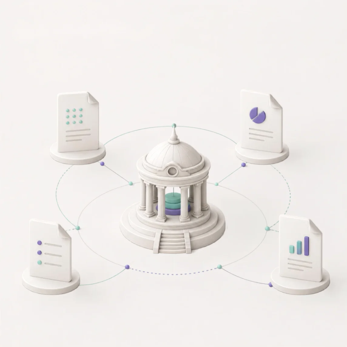 A 3D illustration of a domed classical building at the centre of orbiting document cards showing charts, lists and data